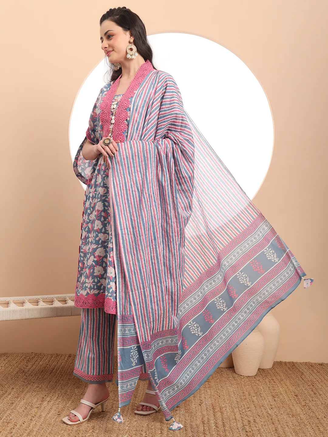 Cotton Blue Kurta Dupatta Set With Lace Detailing