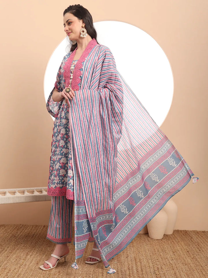 Cotton Blue Kurta Dupatta Set With Lace Detailing