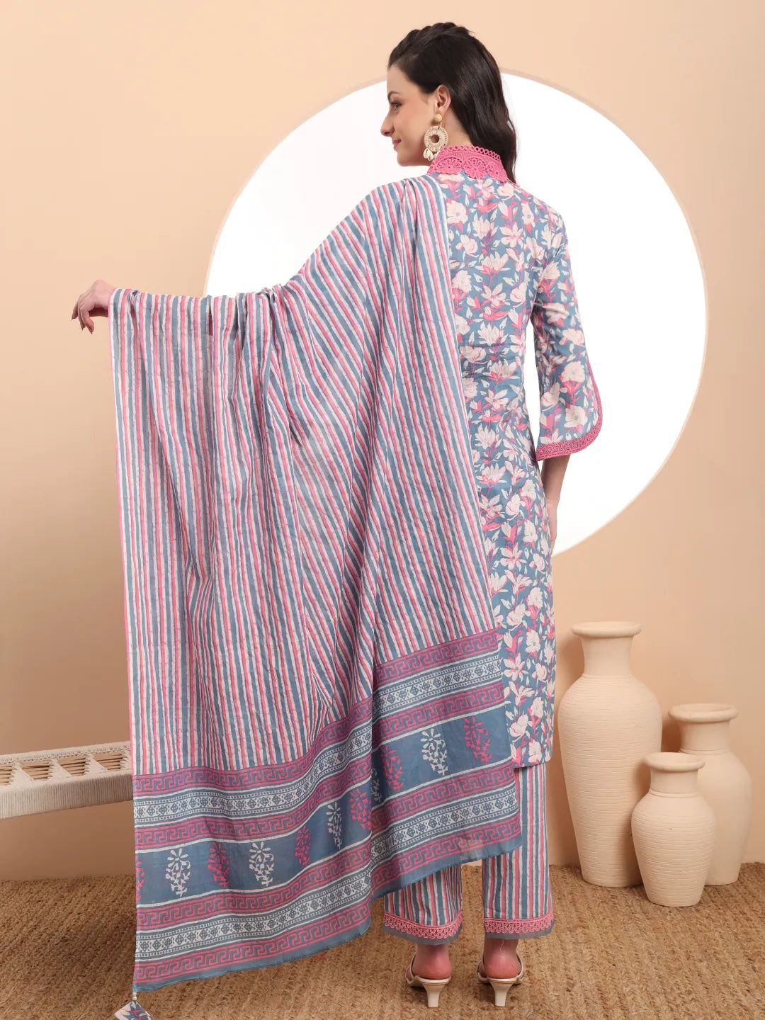 Cotton Blue Kurta Dupatta Set With Lace Detailing