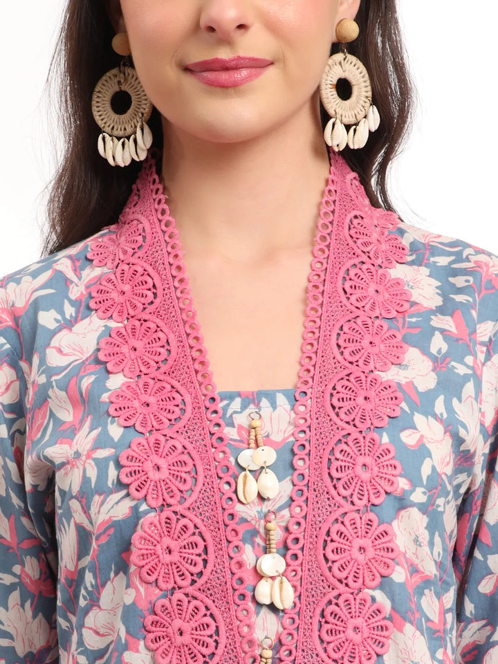 Cotton Blue Kurta Dupatta Set With Lace Detailing