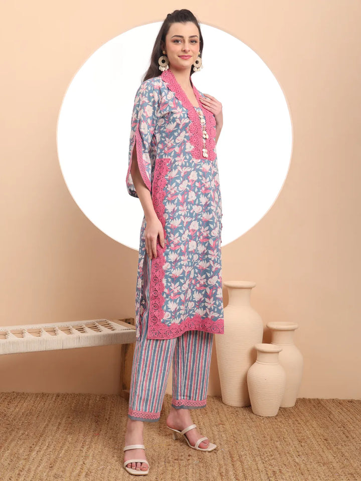 Cotton Blue Kurta Dupatta Set With Lace Detailing