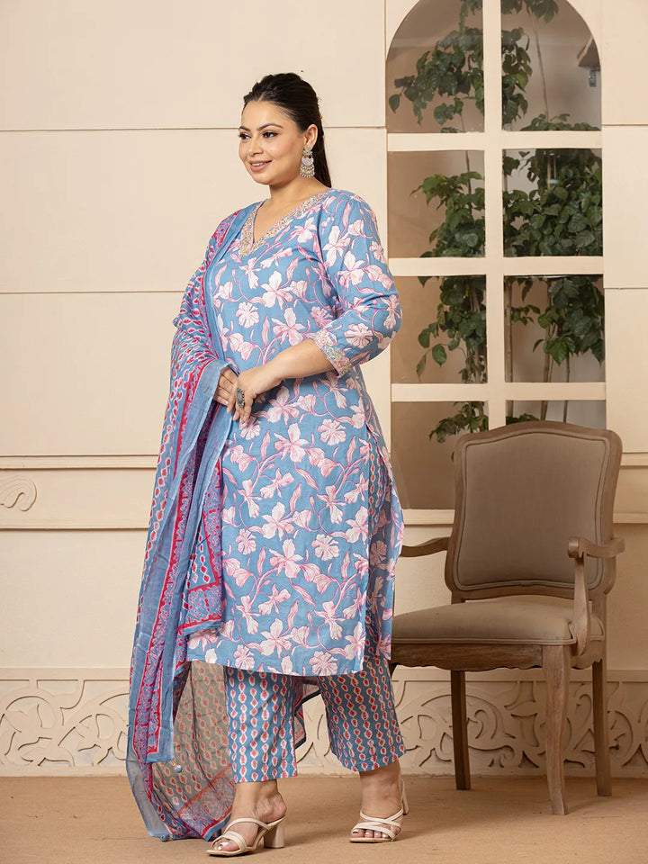Cotton Blue Plus Size Kurta Dupatta Pant Set