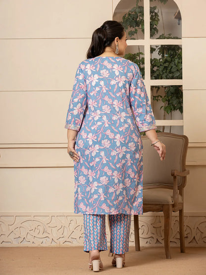 Cotton Blue Plus Size Kurta Dupatta Pant Set
