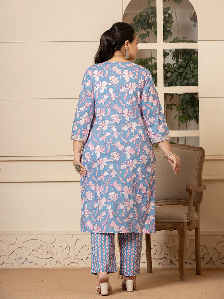 Cotton Blue Plus Size Kurta Dupatta Pant Set
