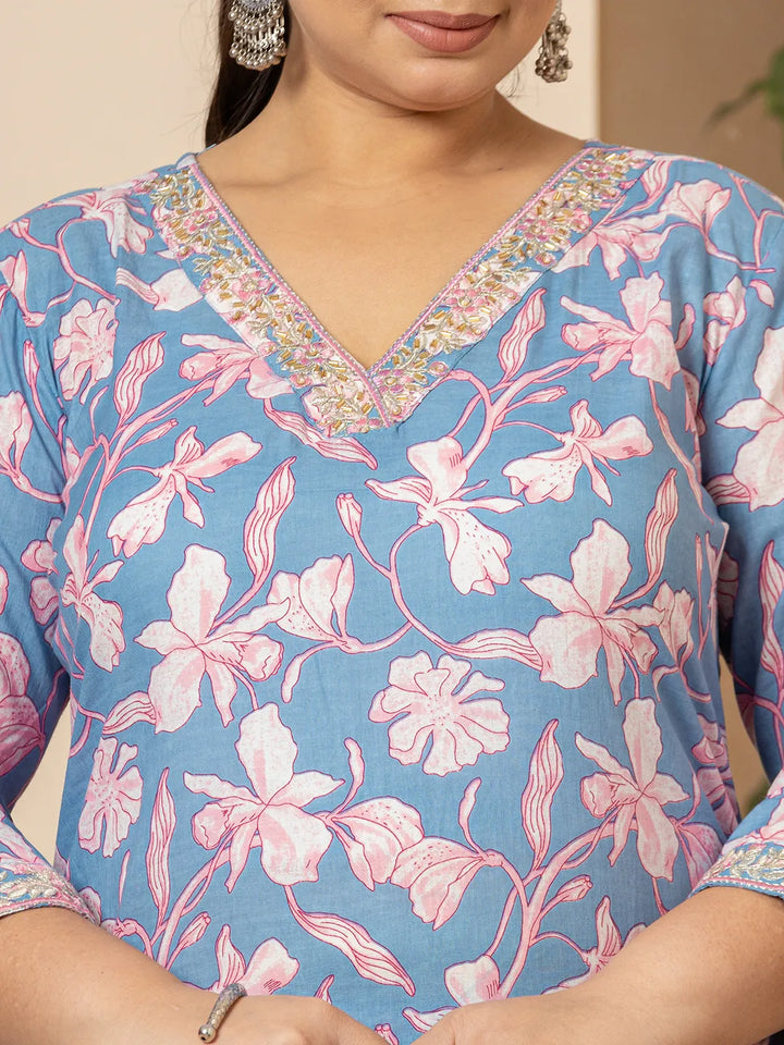 Cotton Blue Plus Size Kurta Dupatta Pant Set