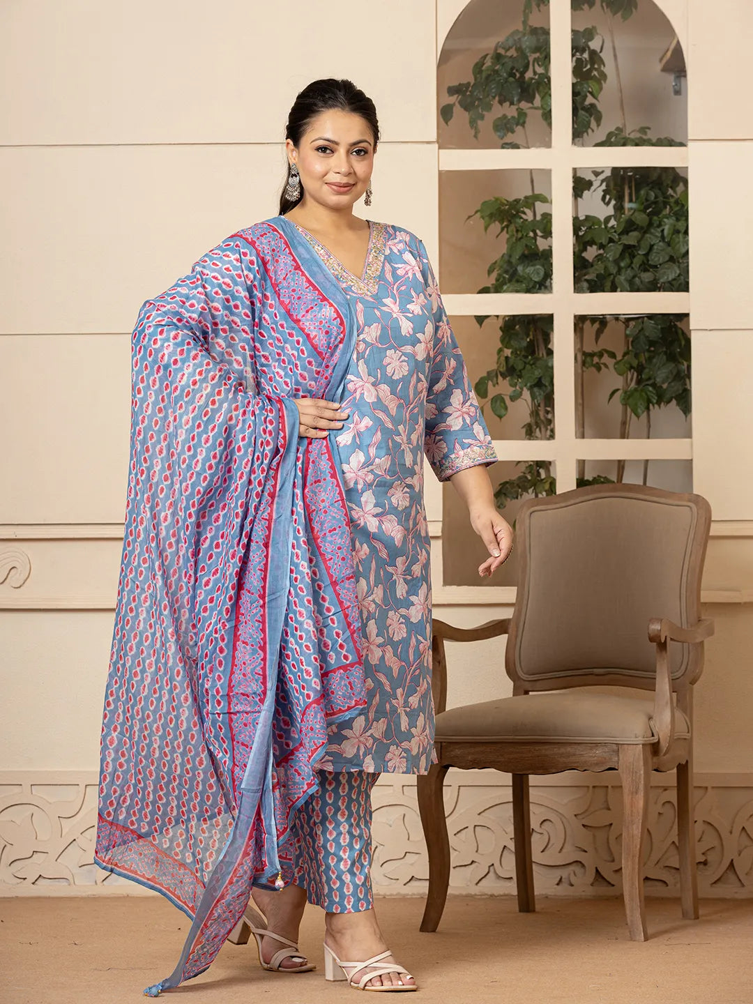 Cotton Blue Plus Size Kurta Dupatta Pant Set