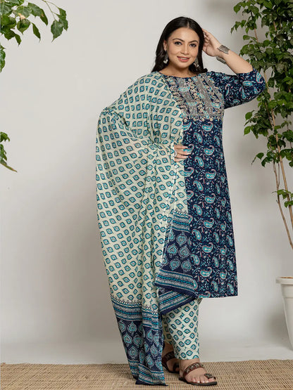 Cotton Blue Printed Plus Size Kurta Dupatta Set