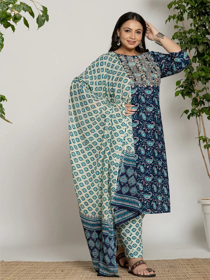 Cotton Blue Printed Plus Size Kurta Dupatta Set