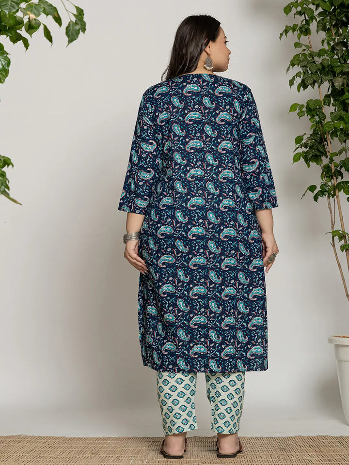 Cotton Blue Printed Plus Size Kurta Dupatta Set