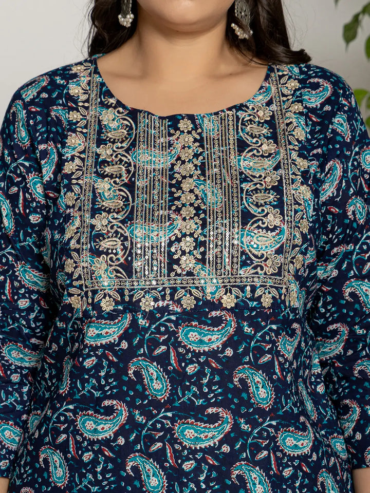 Cotton Blue Printed Plus Size Kurta Dupatta Set