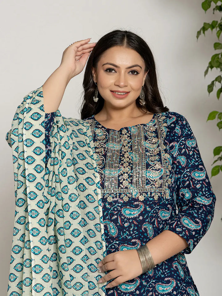 Cotton Blue Printed Plus Size Kurta Dupatta Set