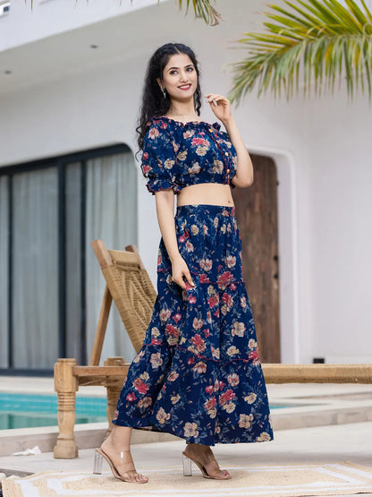 Cotton Blue Skirt Co Ord Set
