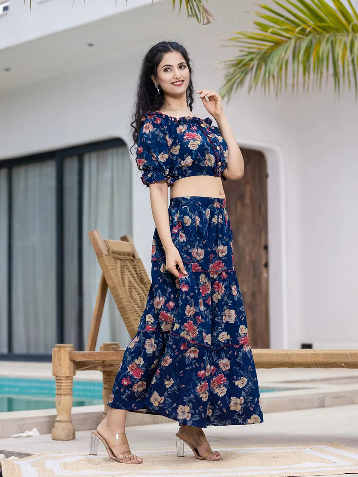 Cotton Blue Skirt Co Ord Set