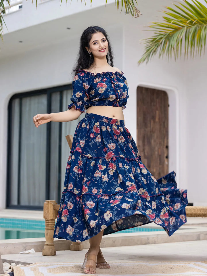 Cotton Blue Skirt Co Ord Set