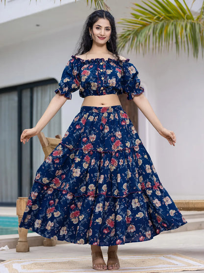 Cotton Blue Skirt Co Ord Set