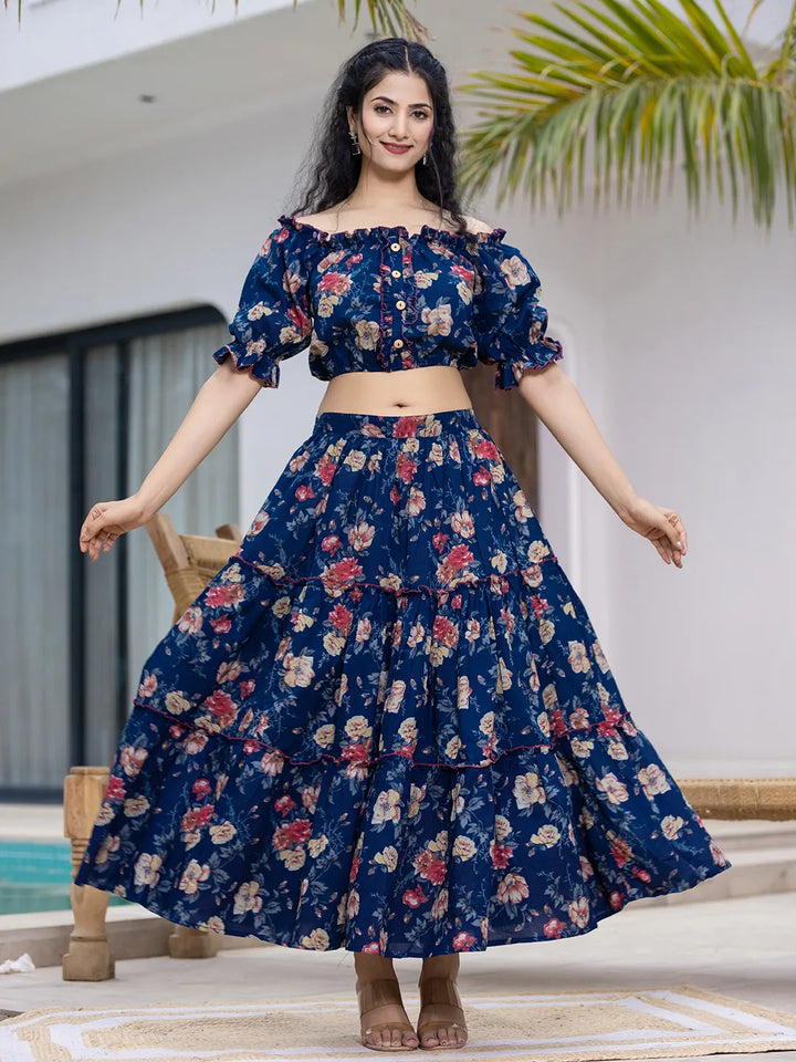Cotton Blue Skirt Co Ord Set