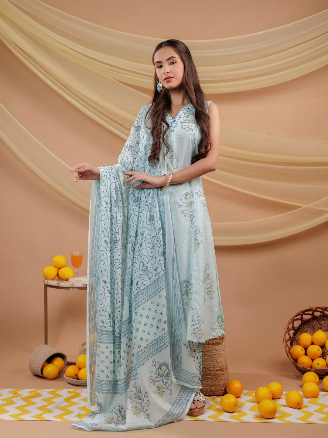 Cotton Blue Sleeveless Kurta Dupatta Set