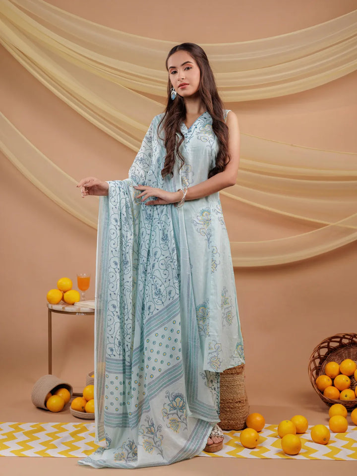 Cotton Blue Sleeveless Kurta Dupatta Set