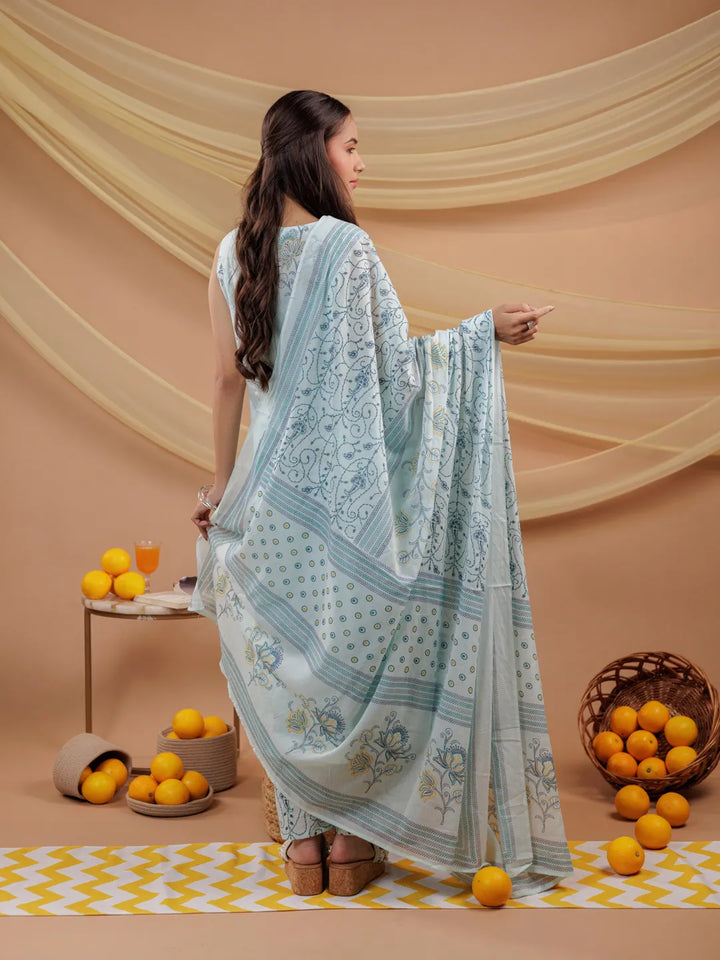 Cotton Blue Sleeveless Kurta Dupatta Set