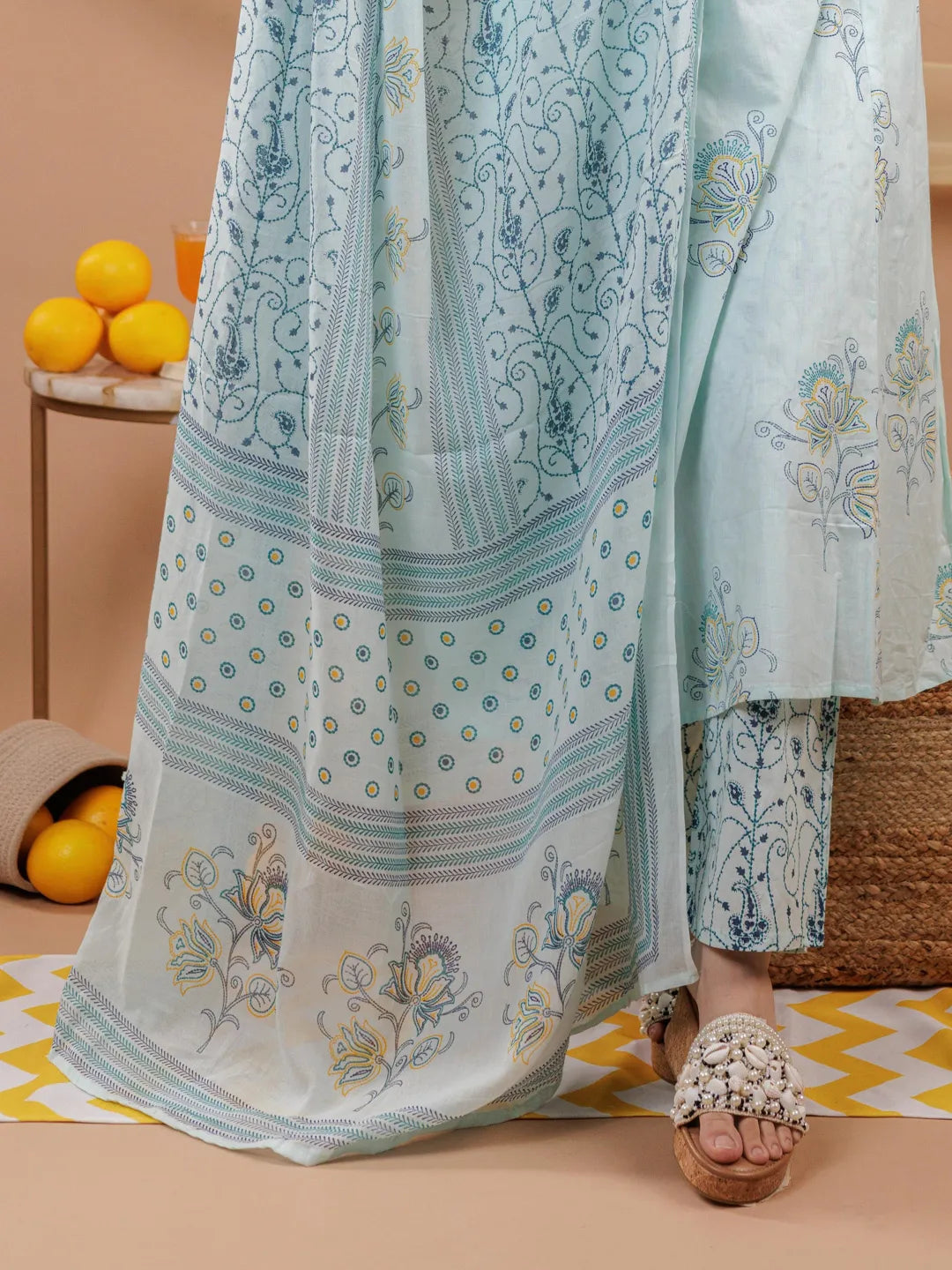 Cotton Blue Sleeveless Kurta Dupatta Set