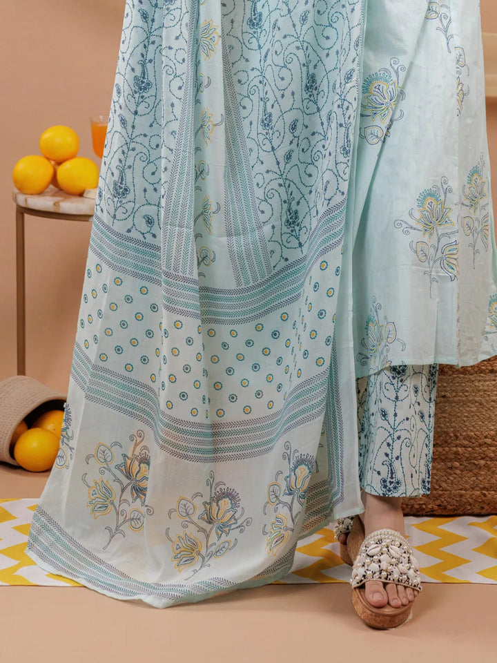 Cotton Blue Sleeveless Kurta Dupatta Set
