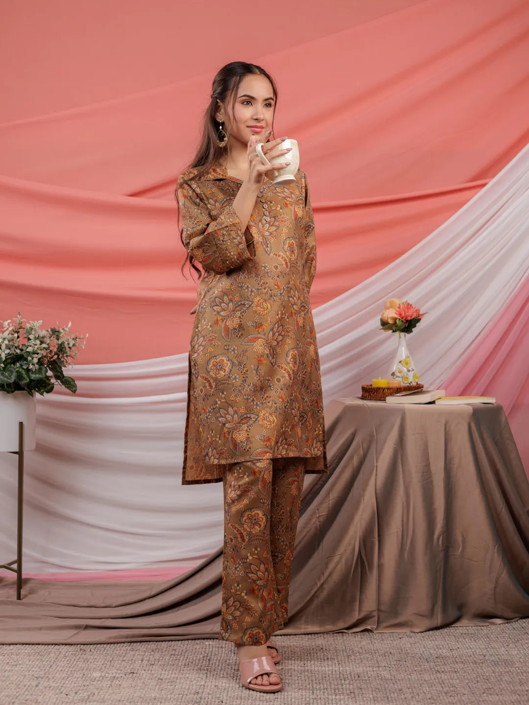 Cotton Brown Digital Printed Work Wear Co Ord Set With Pintuck Detailing On Sleeves