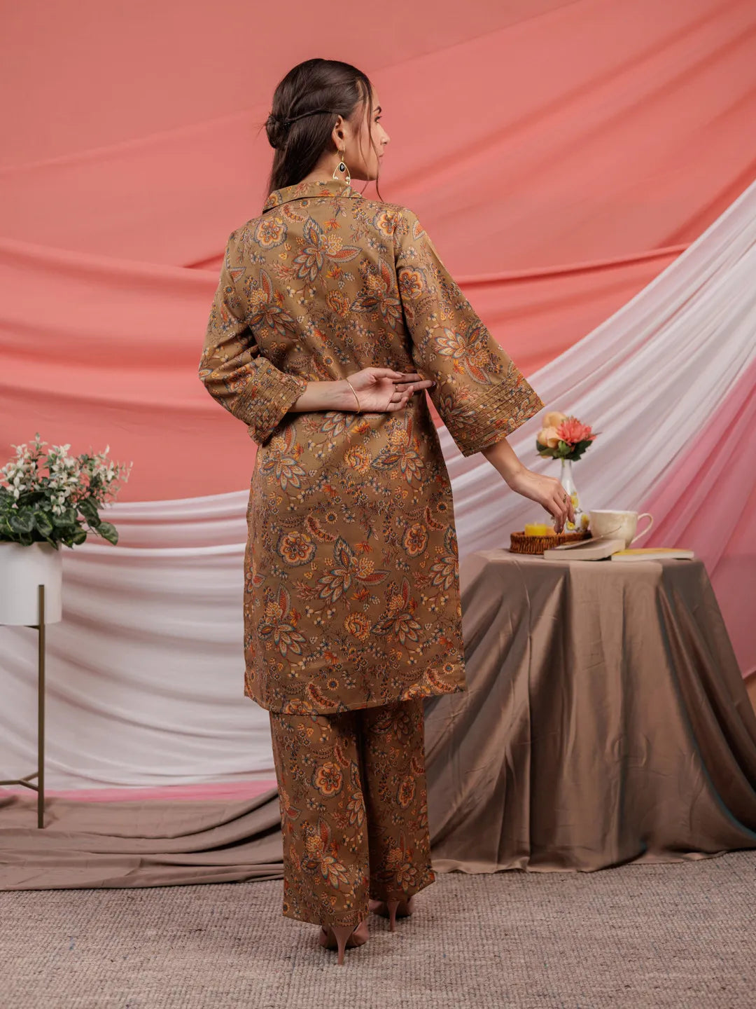 Cotton Brown Digital Printed Work Wear Co Ord Set With Pintuck Detailing On Sleeves