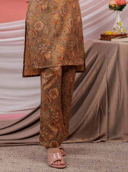 Cotton Brown Digital Printed Work Wear Co Ord Set With Pintuck Detailing On Sleeves