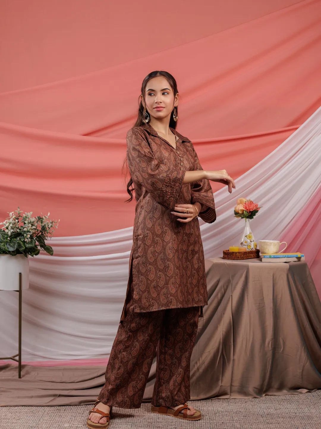 Cotton Brown Digital Printed Workwear Co Ord Set With Pintuck Detailing On Flared Sleeves
