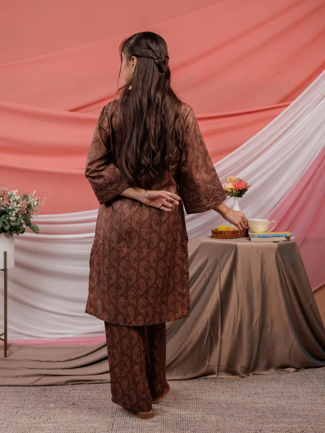 Cotton Brown Digital Printed Workwear Co Ord Set With Pintuck Detailing On Flared Sleeves