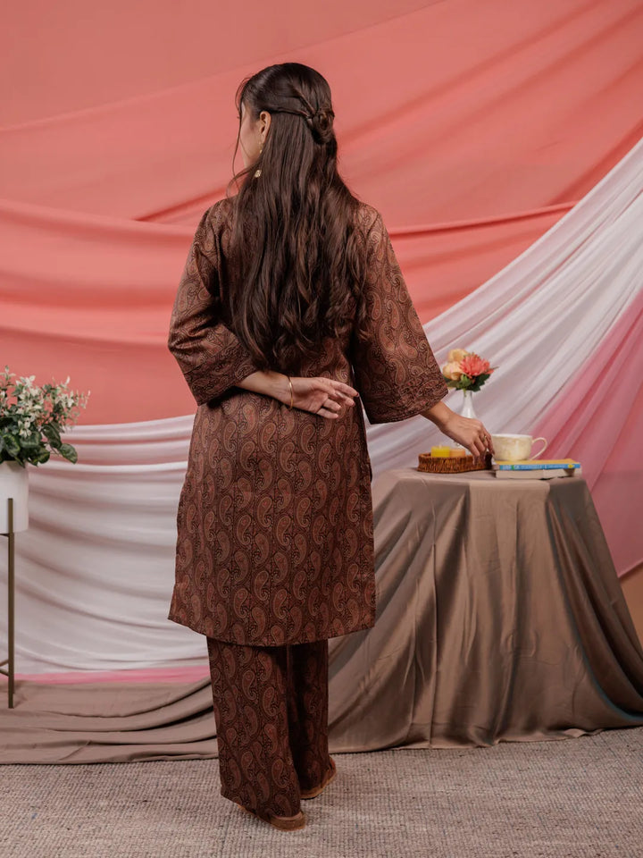 Cotton Brown Digital Printed Workwear Co Ord Set With Pintuck Detailing On Flared Sleeves