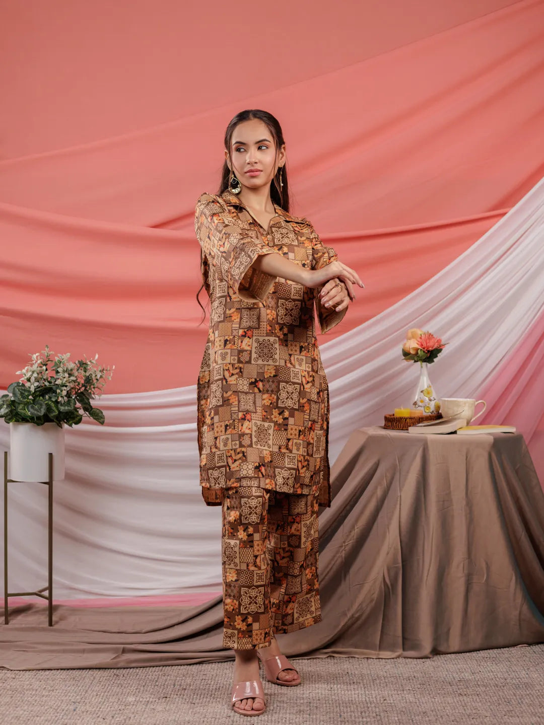 Cotton Brown Digital Printed Workwear Co Ord Set With Pintuck Detailing On Sleeves