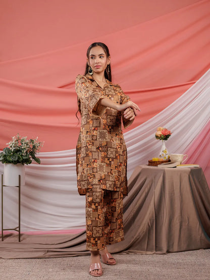 Cotton Brown Digital Printed Workwear Co Ord Set With Pintuck Detailing On Sleeves