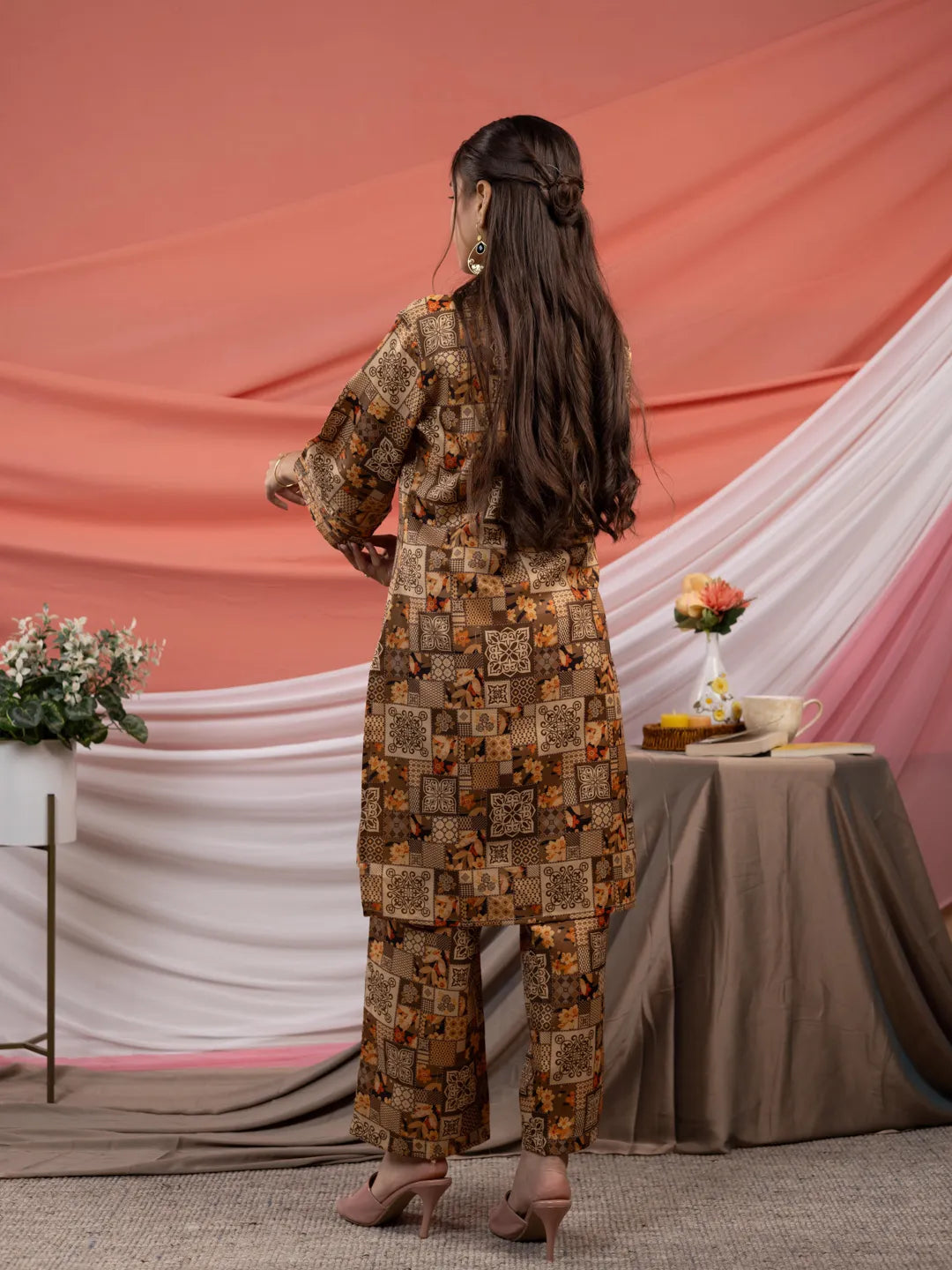 Cotton Brown Digital Printed Workwear Co Ord Set With Pintuck Detailing On Sleeves