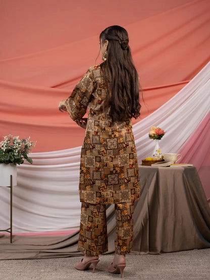 Cotton Brown Digital Printed Workwear Co Ord Set With Pintuck Detailing On Sleeves