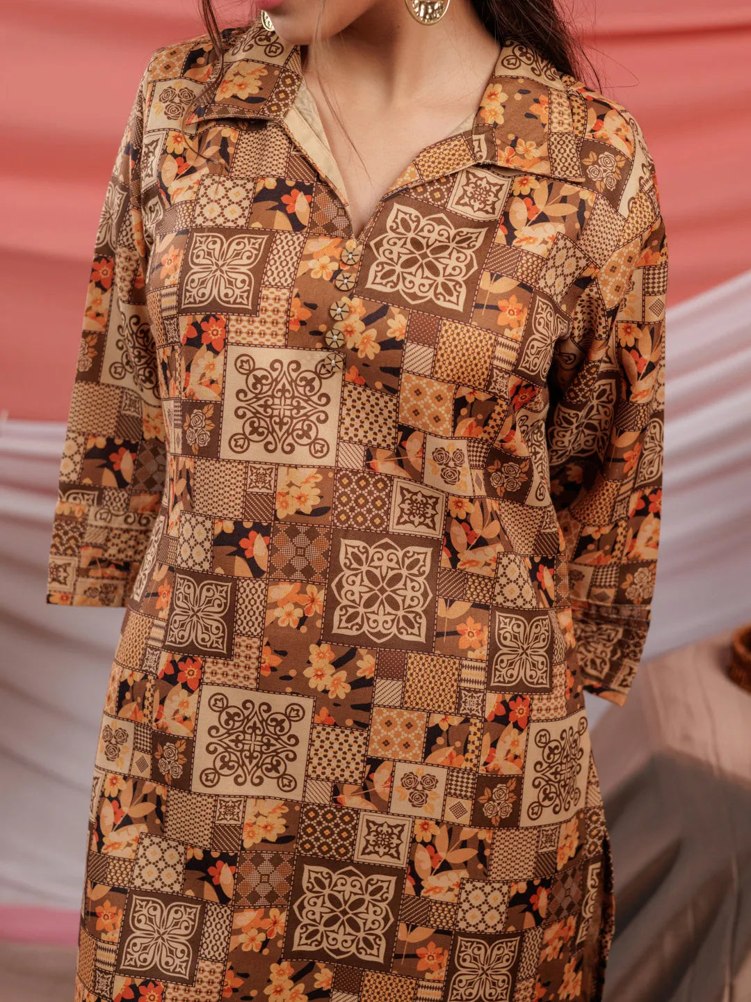 Cotton Brown Digital Printed Workwear Co Ord Set With Pintuck Detailing On Sleeves
