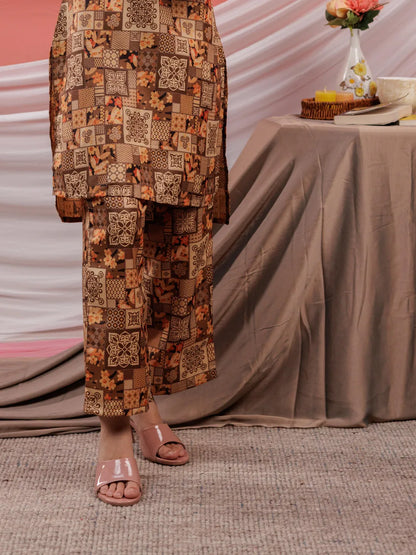 Cotton Brown Digital Printed Workwear Co Ord Set With Pintuck Detailing On Sleeves