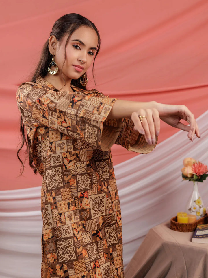Cotton Brown Digital Printed Workwear Co Ord Set With Pintuck Detailing On Sleeves
