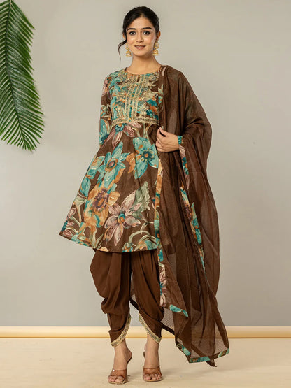 Cotton Brown Zari Work Kurta Dhoti Dupatta Set