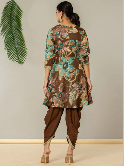 Cotton Brown Zari Work Kurta Dhoti Dupatta Set