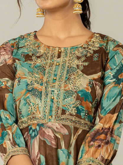 Cotton Brown Zari Work Kurta Dhoti Dupatta Set