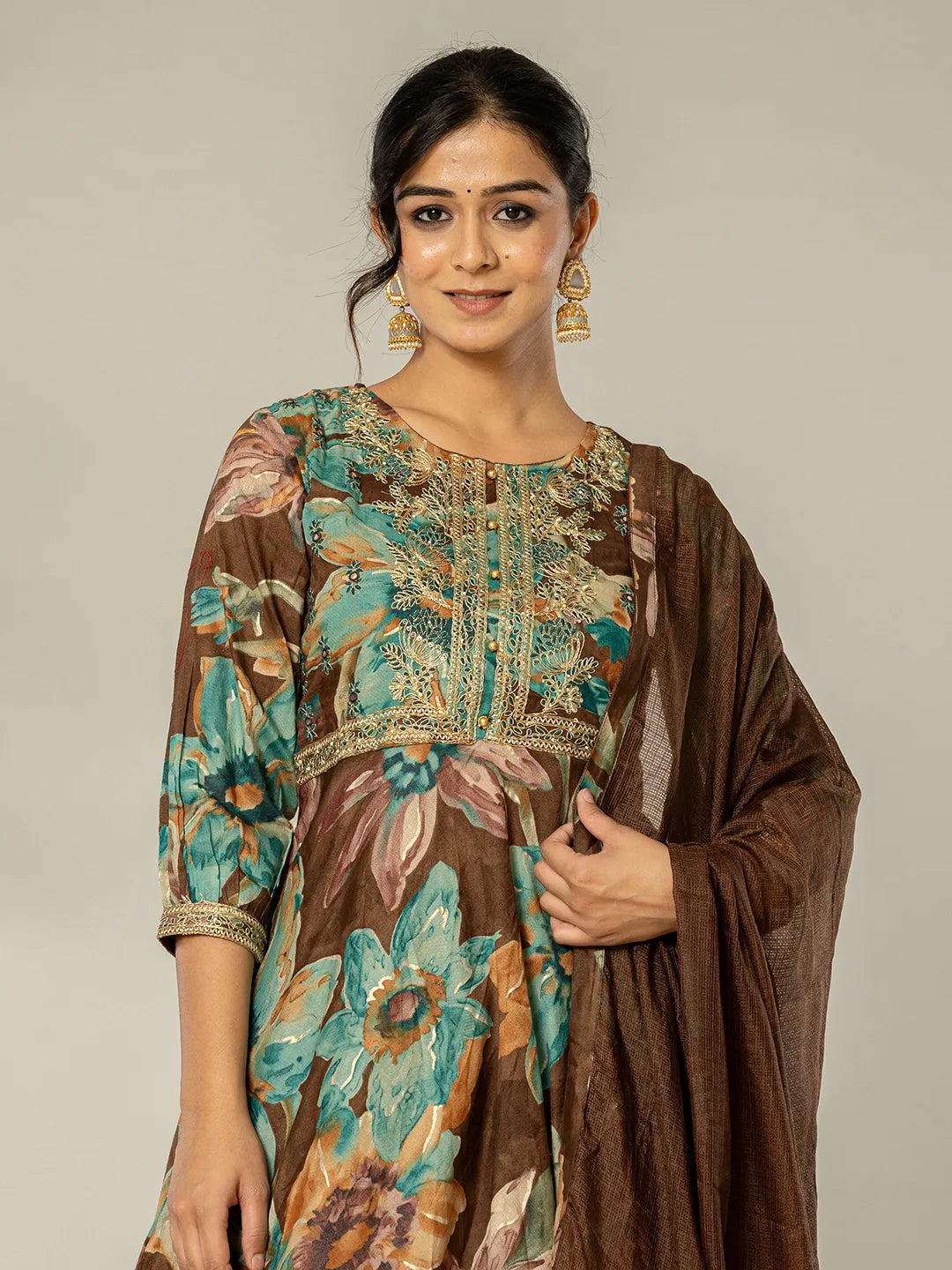 Cotton Brown Zari Work Kurta Dhoti Dupatta Set