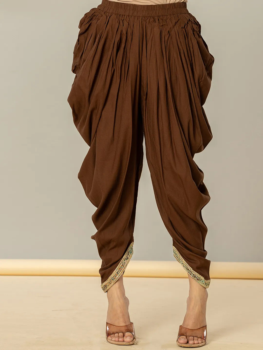 Cotton Brown Zari Work Kurta Dhoti Dupatta Set