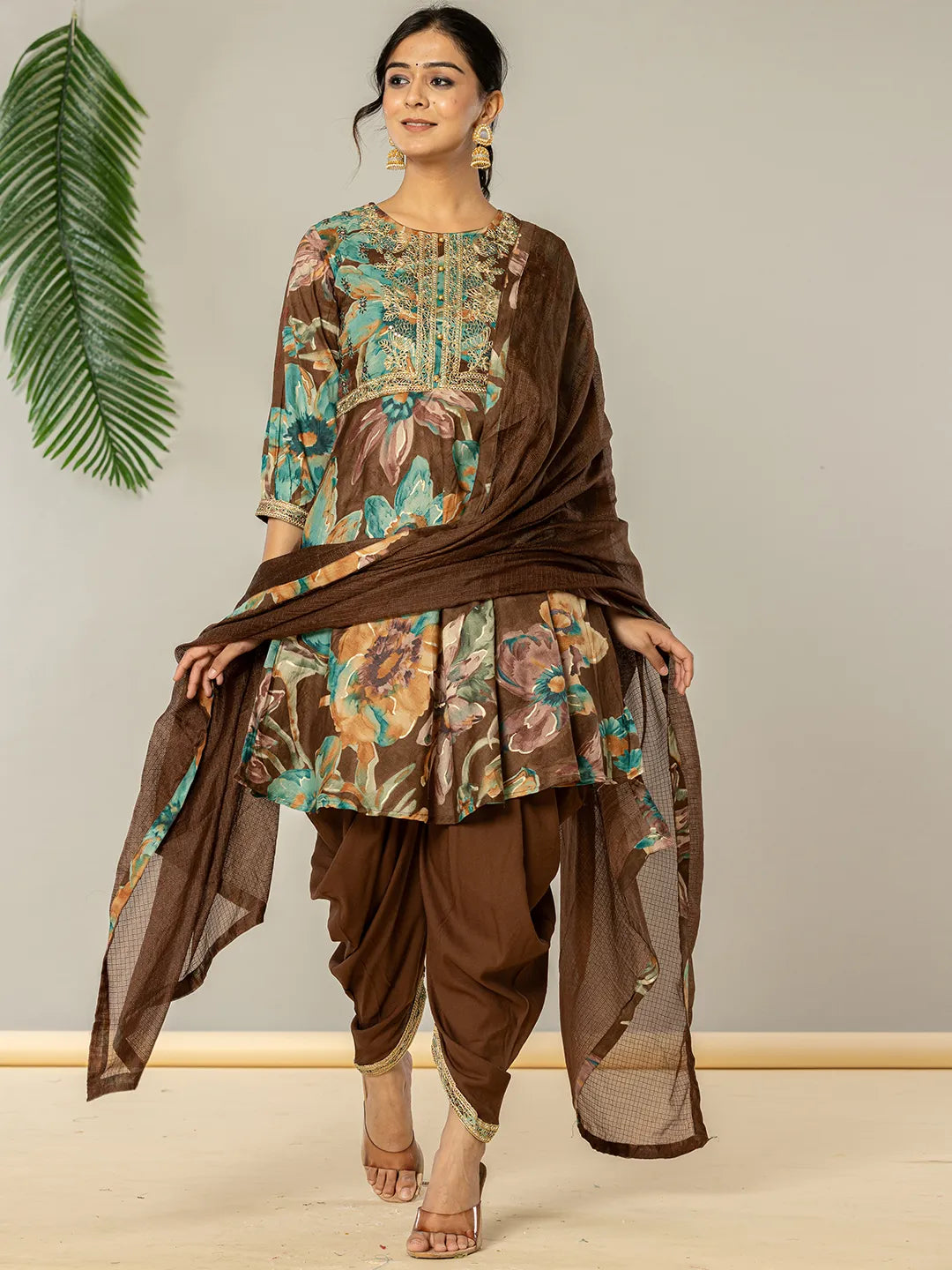 Cotton Brown Zari Work Kurta Dhoti Dupatta Set