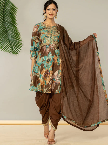 Cotton Brown Zari Work Kurta Dhoti Dupatta Set