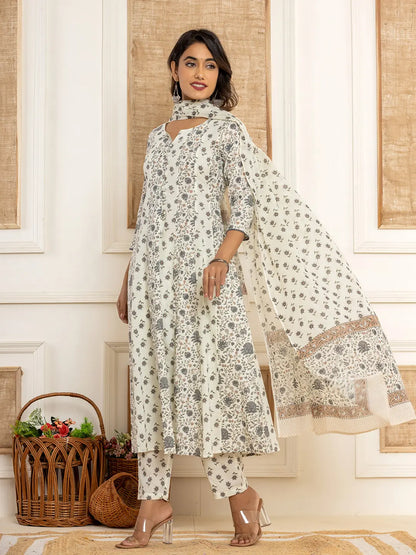 Cotton Cream Anarkali Kurta Dupatta Set