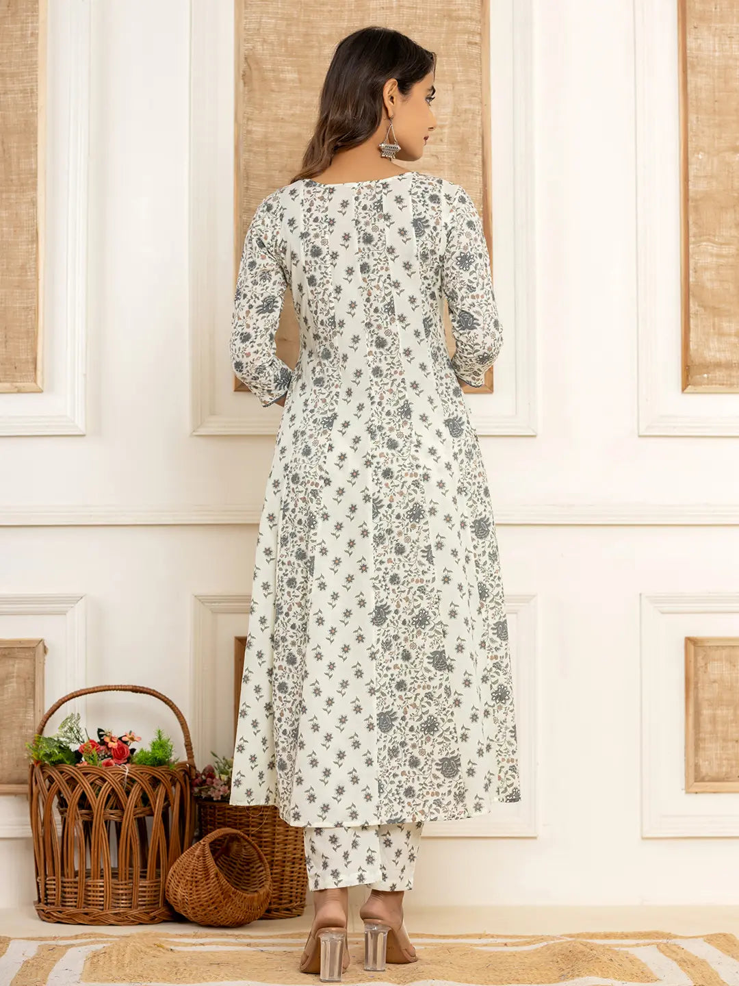 Cotton Cream Anarkali Kurta Dupatta Set
