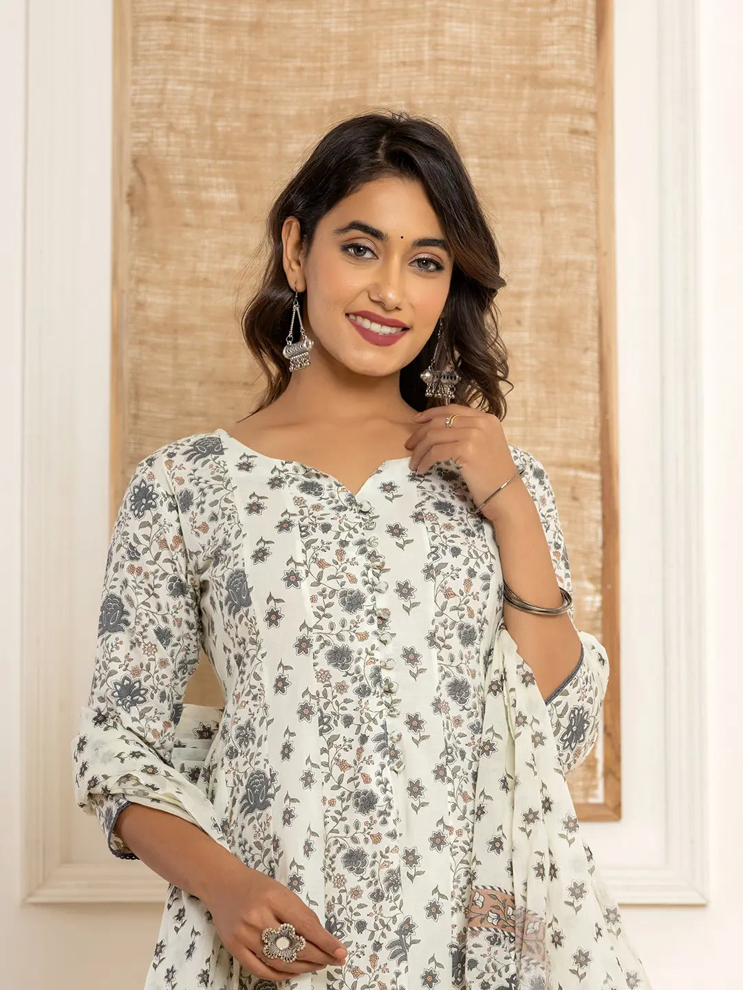 Cotton Cream Anarkali Kurta Dupatta Set