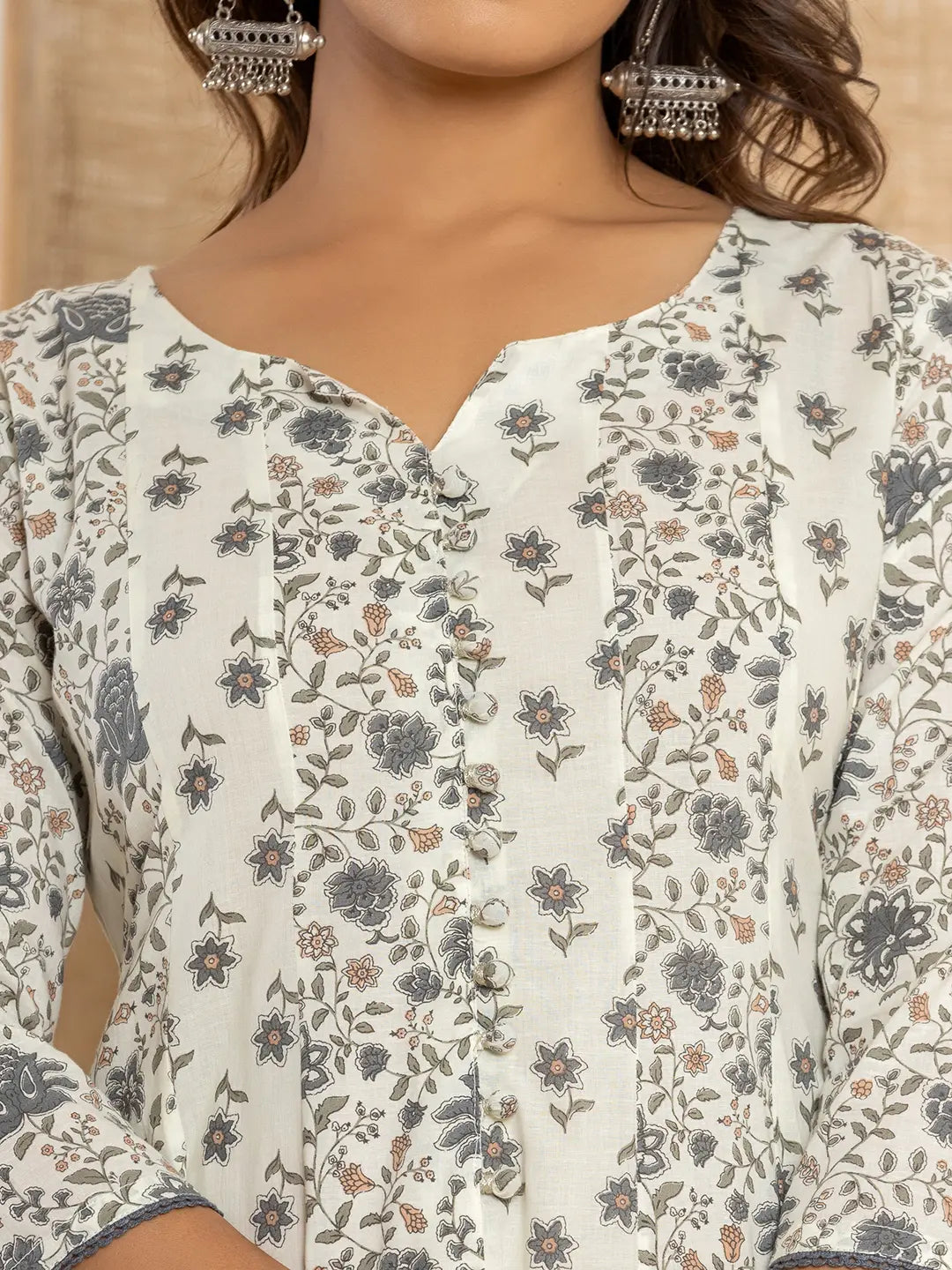 Cotton Cream Anarkali Kurta Dupatta Set