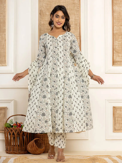 Cotton Cream Anarkali Kurta Dupatta Set